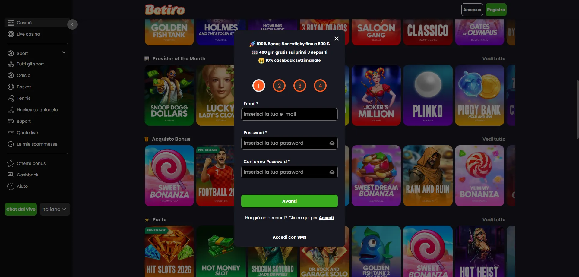 Registrazione su Betiro Casino — ottieni bonus e giri gratuiti