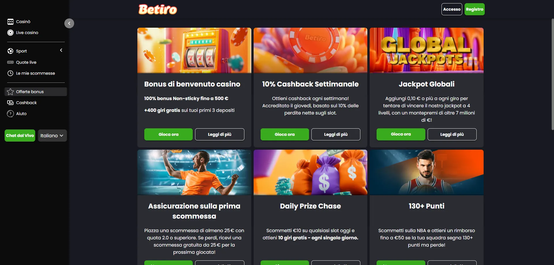 Betiro Casino bonus benvenuto – 100% fino a €500 e 400 free spin