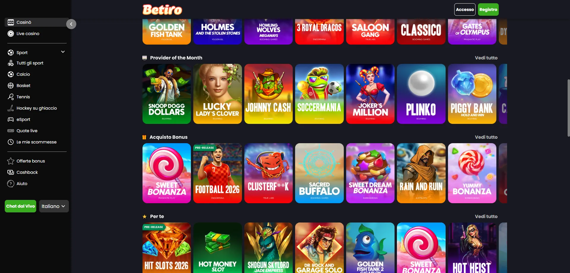 Betiro Casino giochi slot — oltre 3000 titoli disponibili
